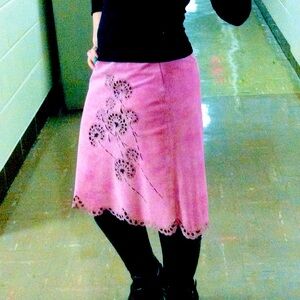 Vintage Purple Pink Leather Skirt with black cutout floral design